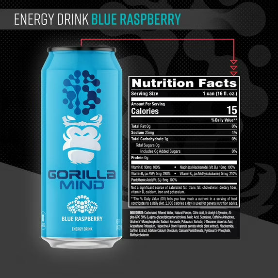 Gorilla Mind Energy Drink, No Sugar or Artificial Colors, Blue Raspberry, 16 oz, 12 pack Cans