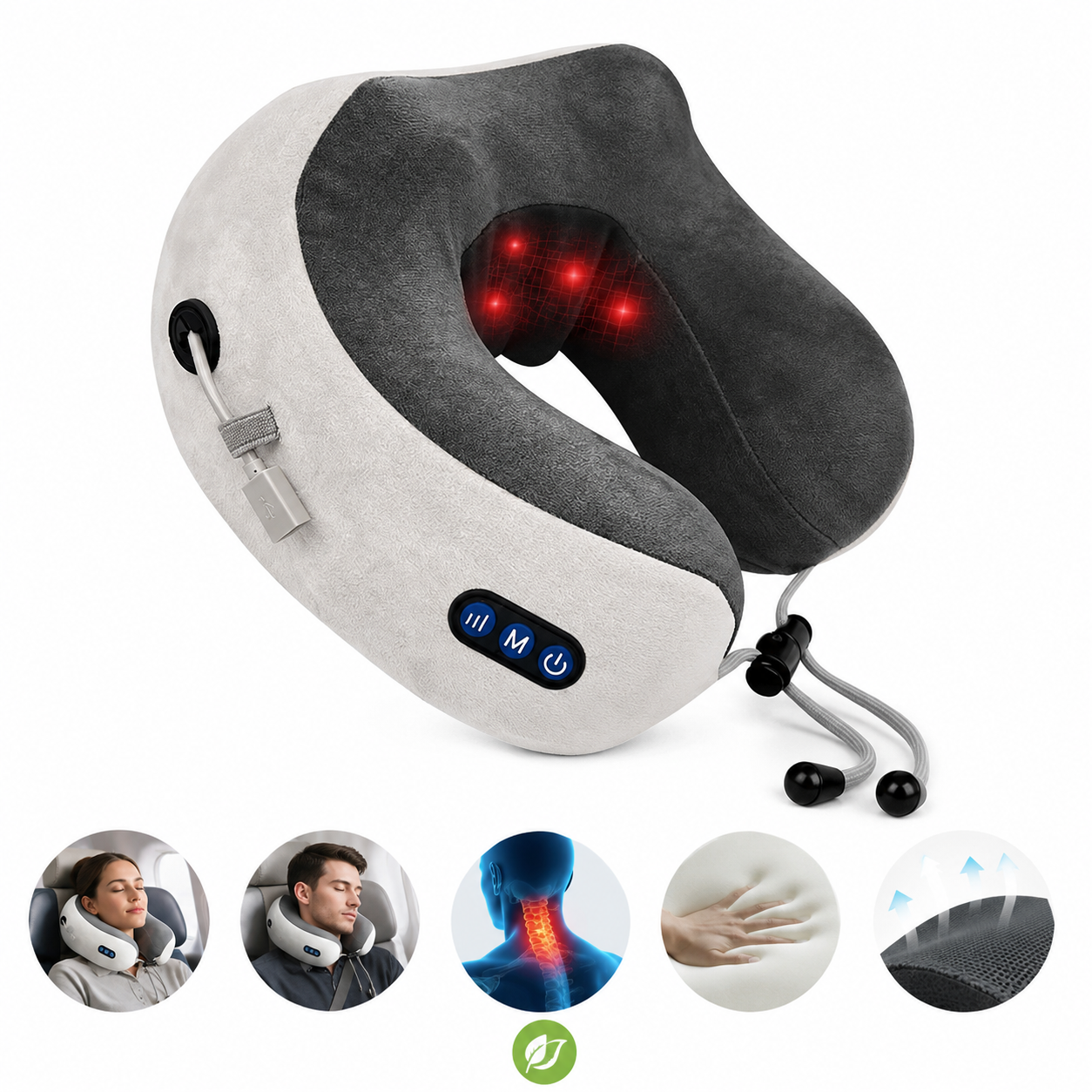 Rechargeable Massage Memory Foam Travel Neck Pillow Flight Airplane Support Cushion AU