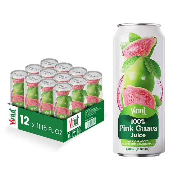 VINUT 100% Pink Guava Juice, No Added Sugar, Not From Concentrate, 16.9 fl oz (500 mL) Can, Pack of 12