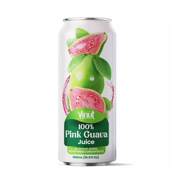 VINUT 100% Pink Guava Juice, No Added Sugar, Not From Concentrate, 16.9 fl oz (500 mL) Can, Pack of 12