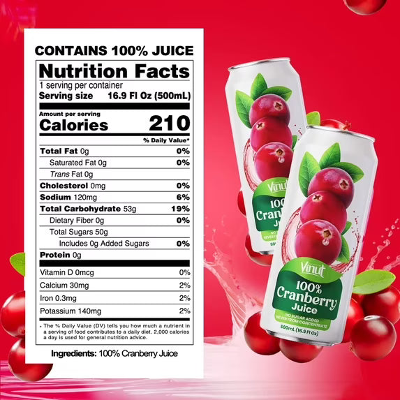 VINUT 100% Cranberry Juice, No Added Sugar, Not From Concentrate, 16.9 fl oz (500 mL) Can, Pack of 12