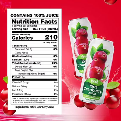 VINUT 100% Cranberry Juice, No Added Sugar, Not From Concentrate, 16.9 fl oz (500 mL) Can, Pack of 12