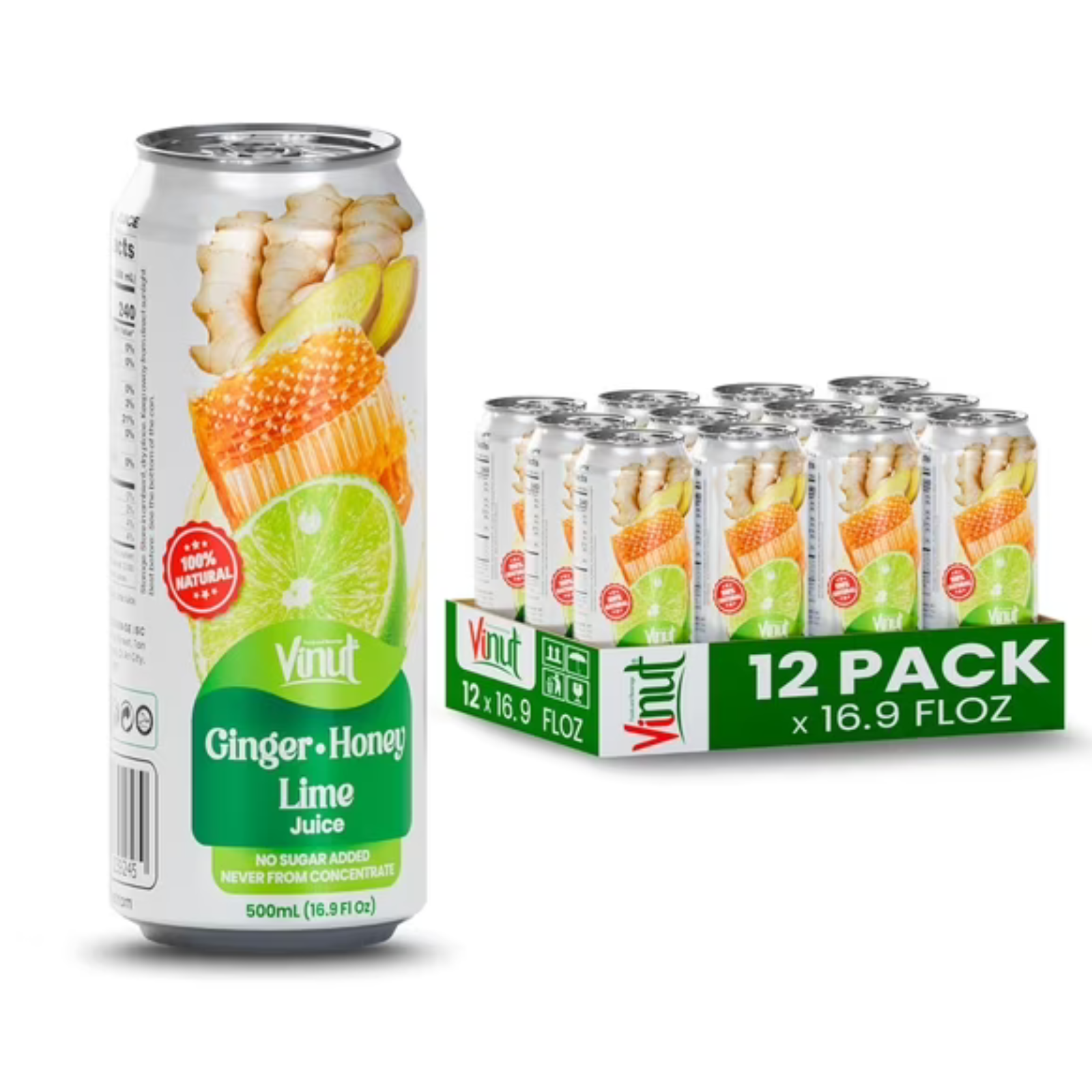 VINUT Ginger, Honey & Lime Juice, 100% Juice, No Added Sugar, Not From Concentrate, 16.9 fl oz (500 mL) Can, Pack of 12
