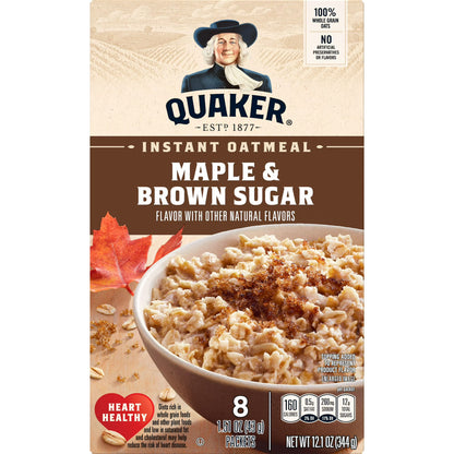 Quaker Instant Oatmeal, Maple & Brown Sugar Flavor, 12.1 oz (8 Packets), Quick Breakfast Hot Cereal