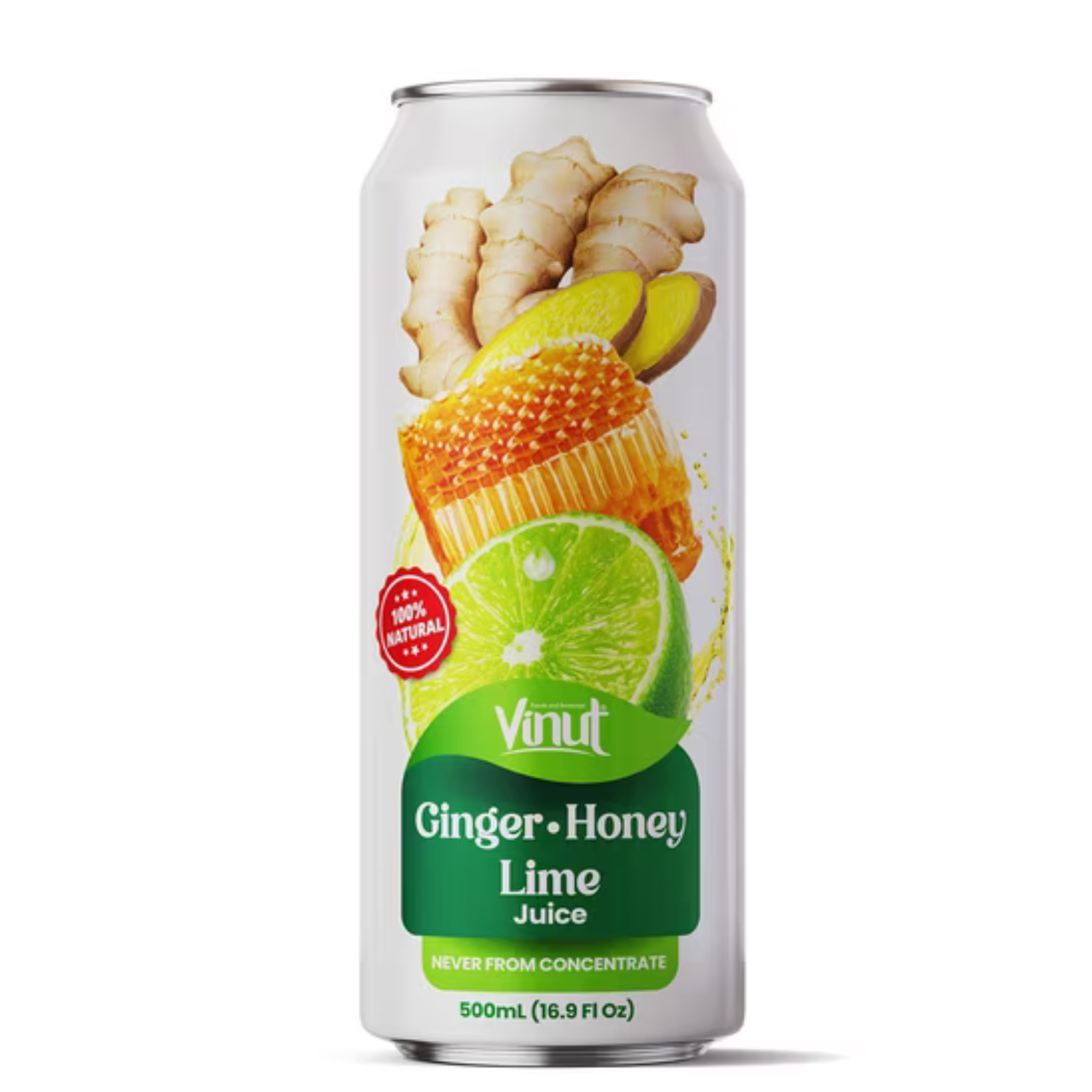 VINUT Ginger, Honey & Lime Juice, 100% Juice, No Added Sugar, Not From Concentrate, 16.9 fl oz (500 mL) Can, Pack of 12