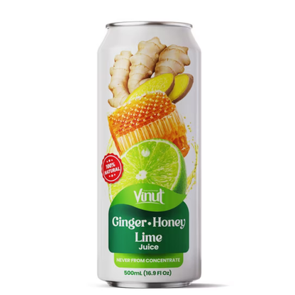 VINUT Ginger, Honey & Lime Juice, 100% Juice, No Added Sugar, Not From Concentrate, 16.9 fl oz (500 mL) Can, Pack of 12