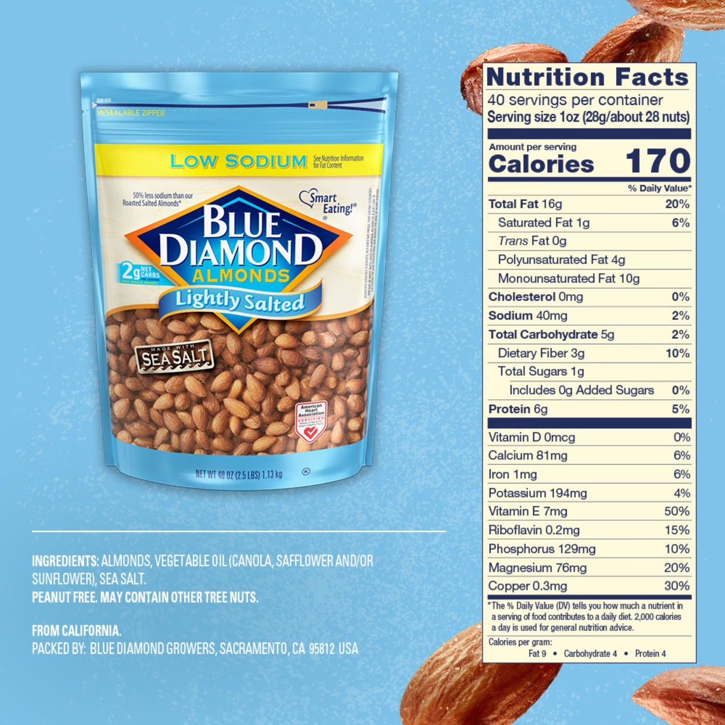 Blue Diamond Whole Almonds, Lightly Salted, 40 oz Resealable Bag