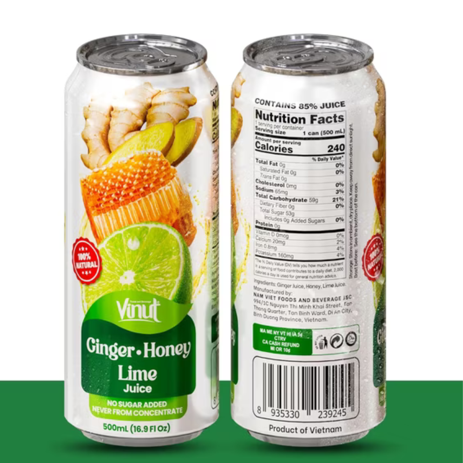 VINUT Ginger, Honey & Lime Juice, 100% Juice, No Added Sugar, Not From Concentrate, 16.9 fl oz (500 mL) Can, Pack of 12