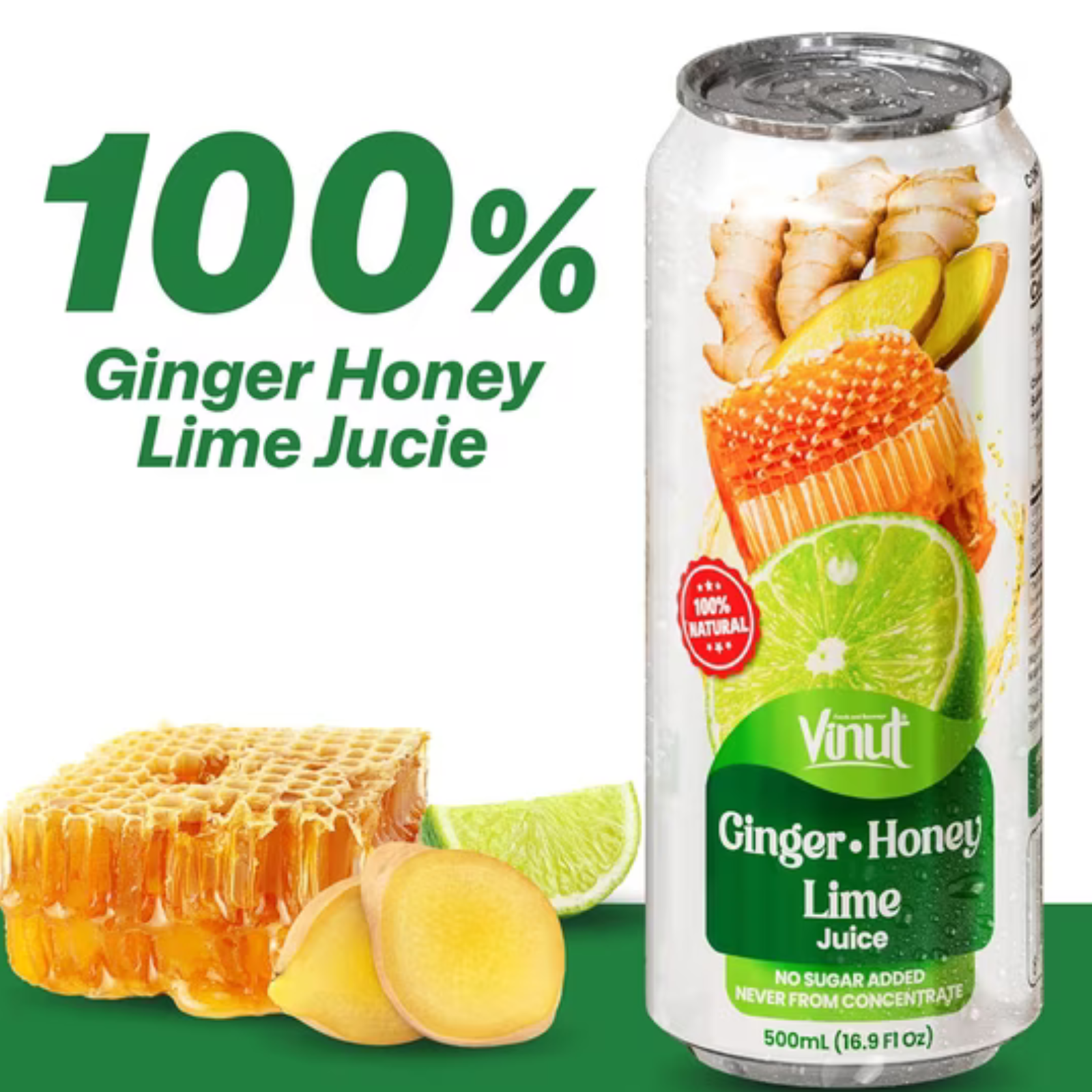 VINUT Ginger, Honey & Lime Juice, 100% Juice, No Added Sugar, Not From Concentrate, 16.9 fl oz (500 mL) Can, Pack of 12