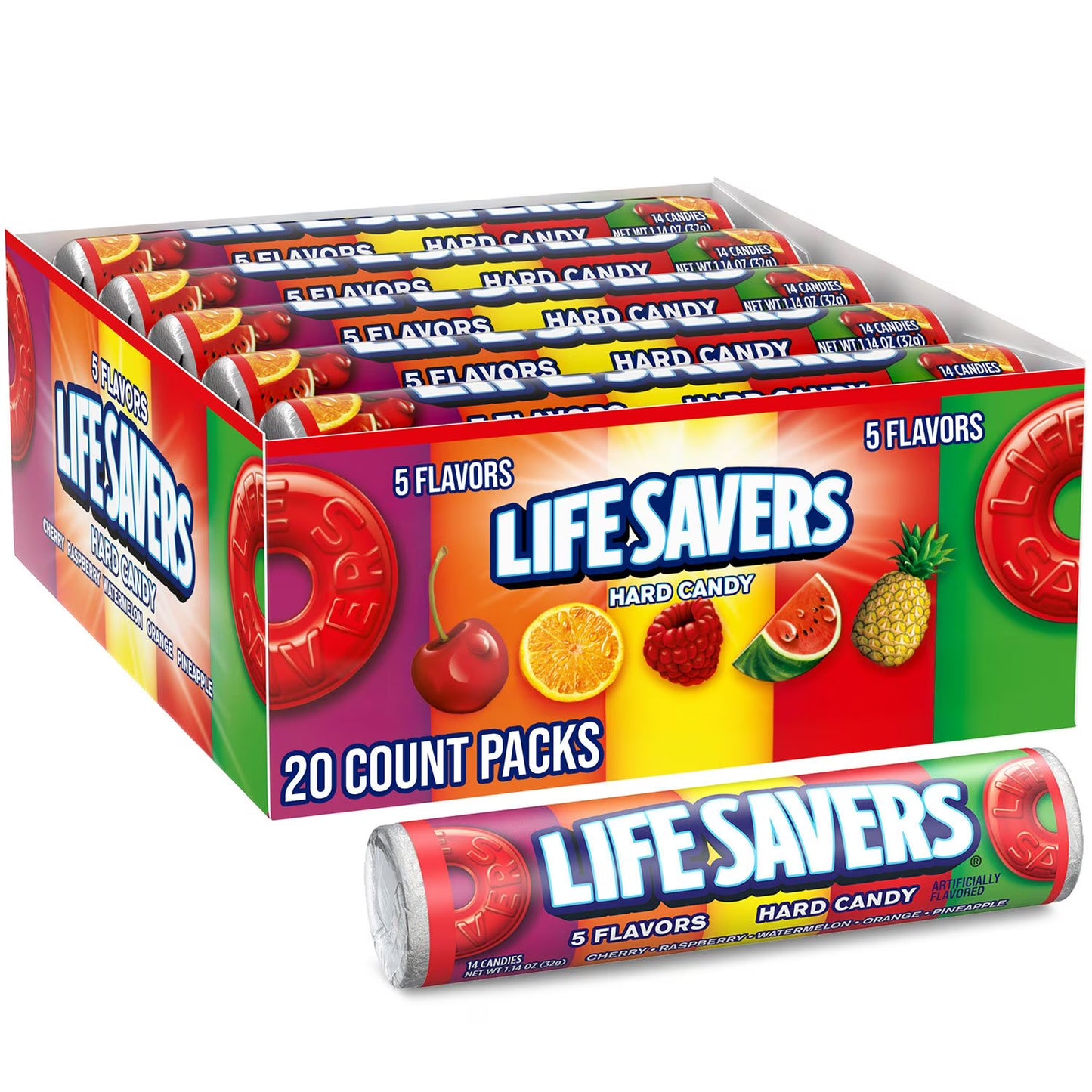 Life Savers 5 Flavors Hard Candy 1.14 oz 20 Pack – Assorted Fruit Candy Rolls, Bulk Pack, Classic Sweet Treat, On-the-Go Candy