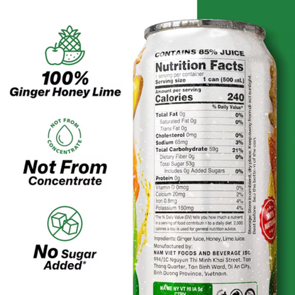 VINUT Ginger, Honey & Lime Juice, 100% Juice, No Added Sugar, Not From Concentrate, 16.9 fl oz (500 mL) Can, Pack of 12