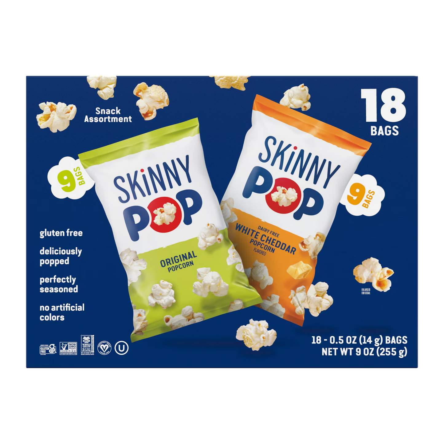 SkinnyPop Gluten-Free Popcorn Variety Pack, Original & Dairy-Free White Cheddar, 0.5 oz Individual Snack Bags, 18 Count