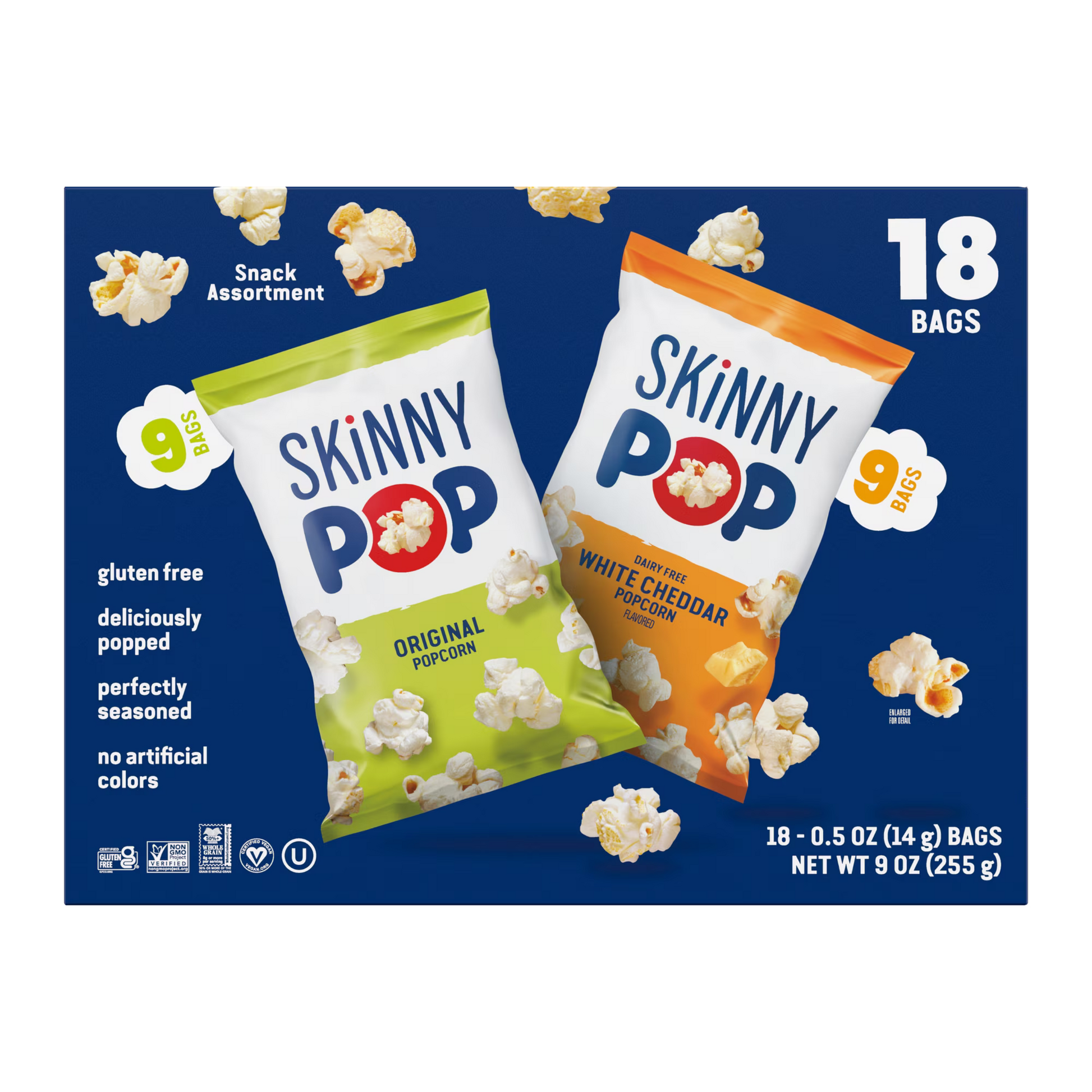 SkinnyPop Gluten-Free Popcorn Variety Pack, Original & Dairy-Free White Cheddar, 0.5 oz Individual Snack Bags, 18 Count