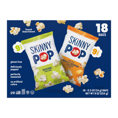 SkinnyPop Gluten-Free Popcorn Variety Pack, Original & Dairy-Free White Cheddar, 0.5 oz Individual Snack Bags, 18 Count