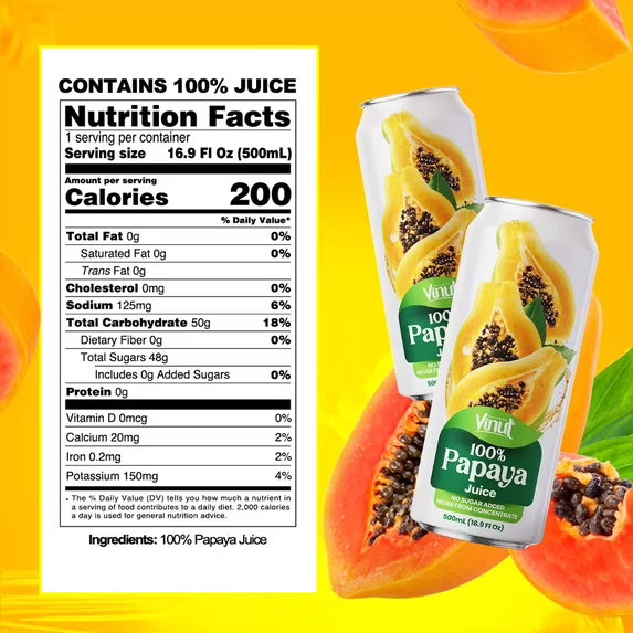 VINUT 100% Papaya Juice, No Added Sugar, Not From Concentrate, 16.9 fl oz (500 mL) Can, Pack of 12