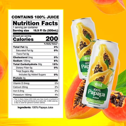 VINUT 100% Papaya Juice, No Added Sugar, Not From Concentrate, 16.9 fl oz (500 mL) Can, Pack of 12