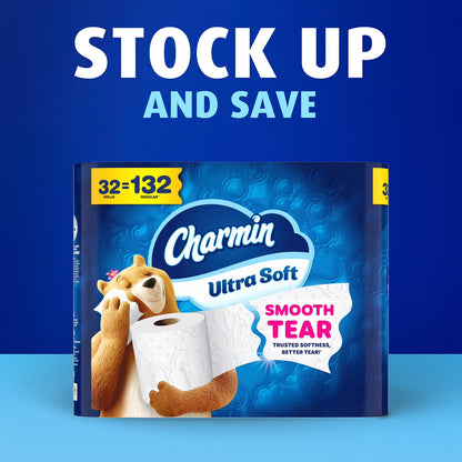 Charmin Ultra Soft Toilet Paper 2-Ply 32 Rolls 215 Sheets – Premium Bath Tissue, Ultra Soft Comfort, Strong & Absorbent, Bulk Family Value Pack