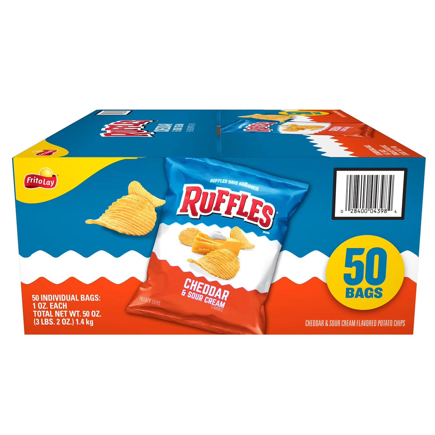 Ruffles Cheddar & Sour Cream Potato Chips 1 oz 50 Pack – Classic Ridged Chips, Creamy Cheddar Flavor, Individually Wrapped Snack Bags, Bulk Value Pack