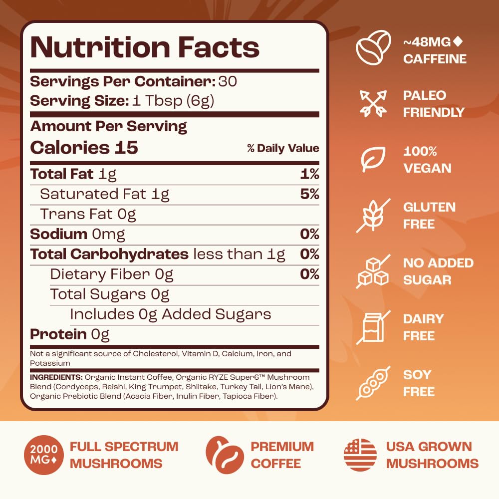 RYZE SUPERFOODS Mushroom Medium Roast Coffee USDA Organic with 6 Adaptogenic Mushrooms, USA Grown Instant Coffee for Better Energy, Focus Digestion Immunity with Lions Mane & Turkey Tail 30 Servings