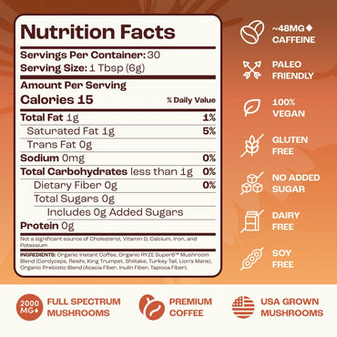 RYZE SUPERFOODS Mushroom Medium Roast Coffee USDA Organic with 6 Adaptogenic Mushrooms, USA Grown Instant Coffee for Better Energy, Focus Digestion Immunity with Lions Mane & Turkey Tail 30 Servings