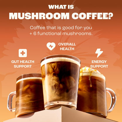 RYZE SUPERFOODS Mushroom Medium Roast Coffee USDA Organic with 6 Adaptogenic Mushrooms, USA Grown Instant Coffee for Better Energy, Focus Digestion Immunity with Lions Mane & Turkey Tail 30 Servings
