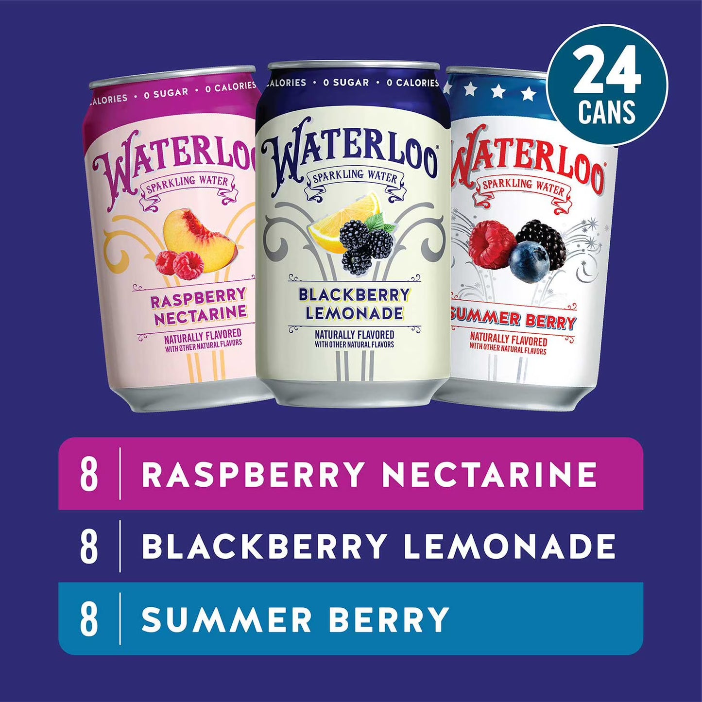 Waterloo Sparkling Water Variety Pack 12 fl oz 24 Pack – Zero Sugar Carbonated Water, Assorted Flavors, Refreshing Healthy Drink, Bulk Case