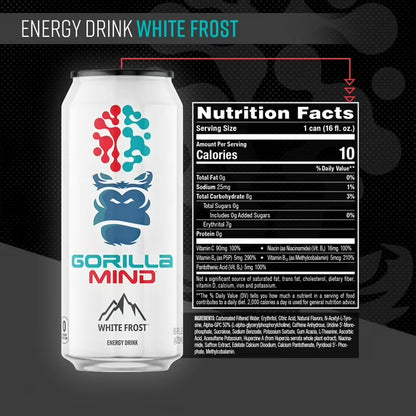 Gorilla Mind Energy Drink, No Sugar or Artificial Colors, White Frost, 16 oz, 12 pack Cans