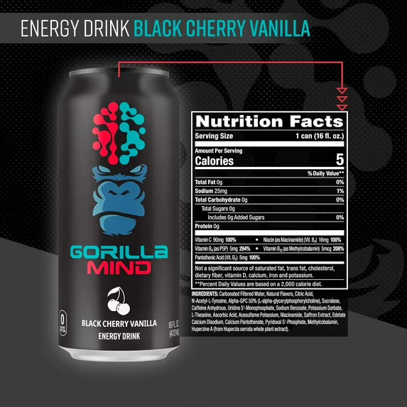 Gorilla Mind Energy Drink, No Sugar or Artificial Colors, Black Cherry Vanilla, 16 oz, 12 pack Cans