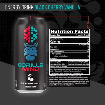 Gorilla Mind Energy Drink, No Sugar or Artificial Colors, Black Cherry Vanilla, 16 oz, 12 pack Cans