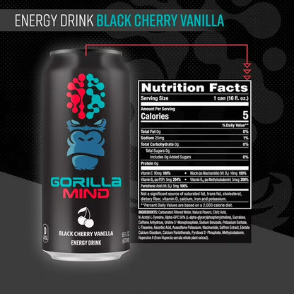 Gorilla Mind Energy Drink, No Sugar or Artificial Colors, Black Cherry Vanilla, 16 oz, 12 pack Cans