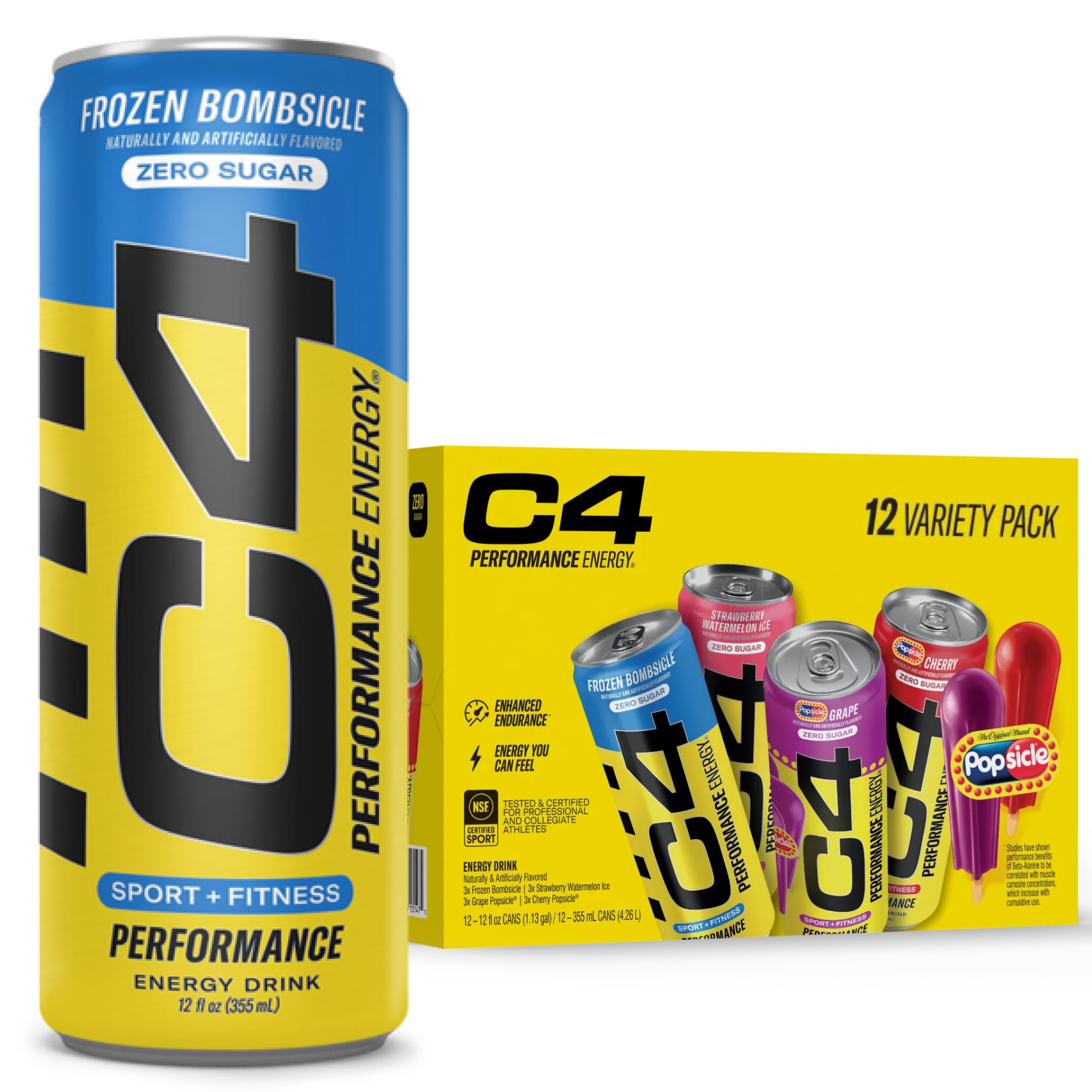 C4 Energy Drink 12oz (Pack of 12) - Frozen Bombsicle - Sugar Free Pre Workout Performance Drink with No Artificial Colors or Dyes