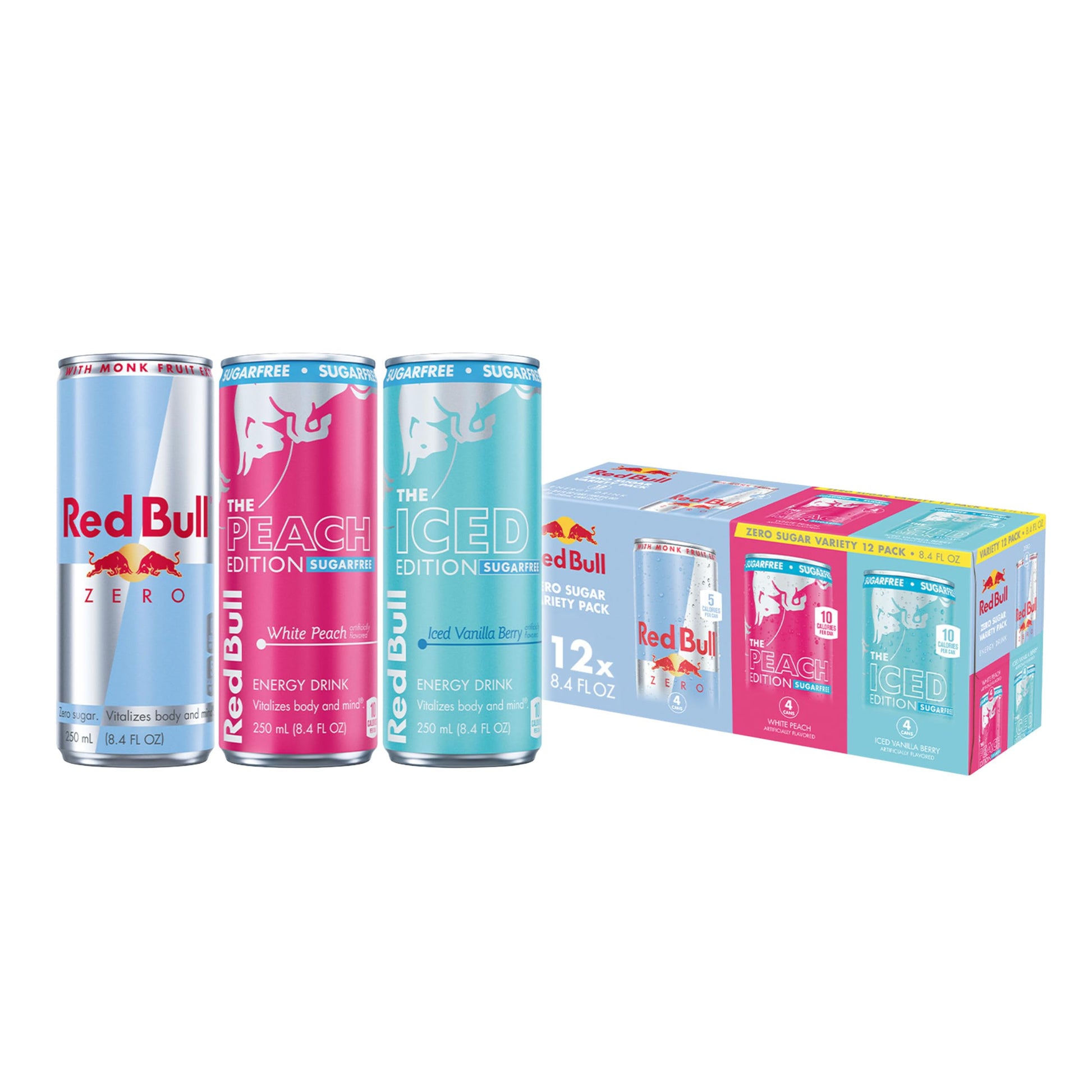 Red Bull Energy Drink SugarFree Variety Pack, Zero, Peach, Iced Vanilla Berry, 8.4 fl. oz, Pack of 12 Can