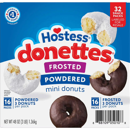Hostess Donettes Variety Pack Donuts 1.5 oz 32 Pack – Mini Donuts Assorted Flavors, Snack Size Packs, Individually Wrapped, Bulk Value Box