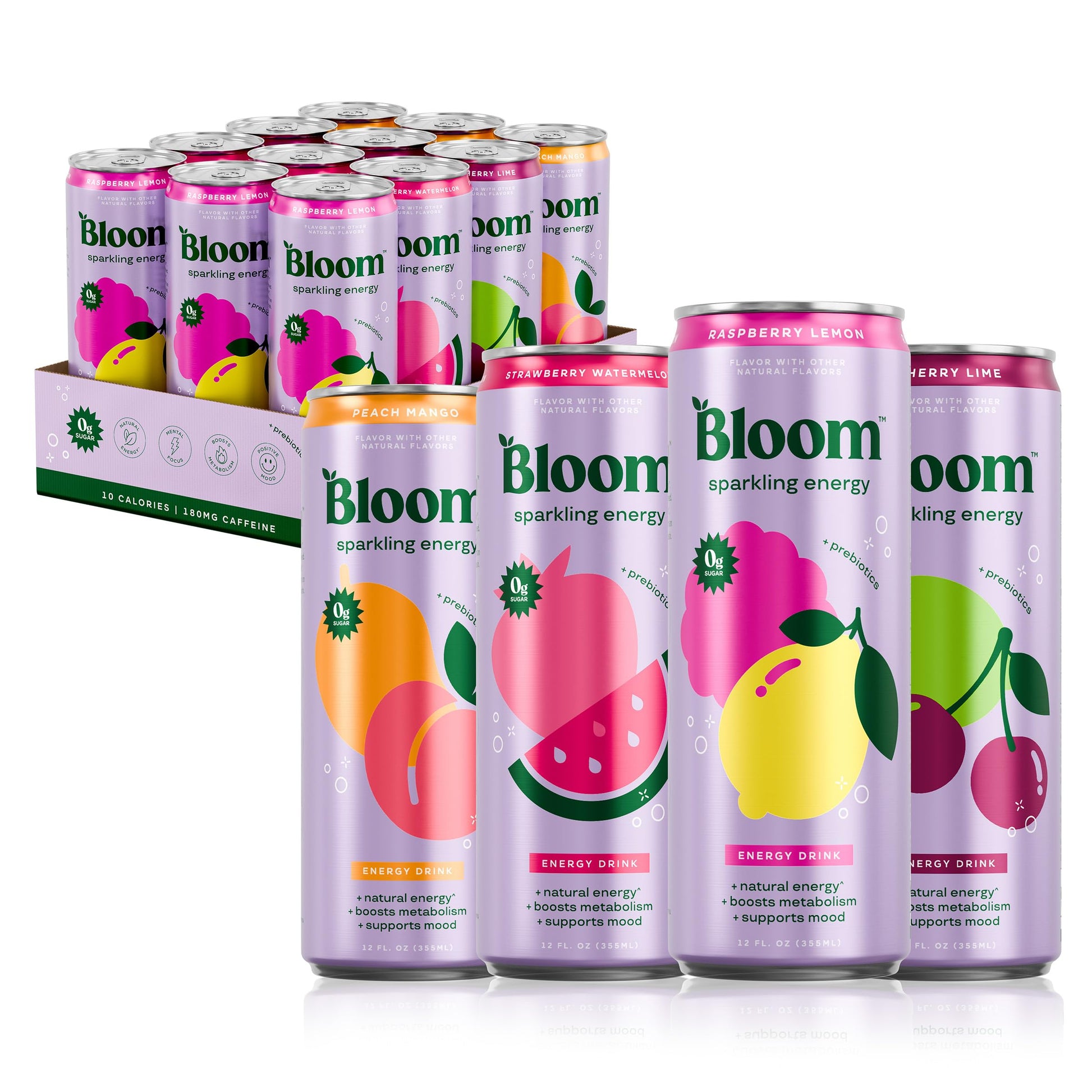 Bloom Nutrition Sparkling Energy Drink - Apple Crisp / Glacier Crush Variety Pack - Natural Caffeine, Zero Sugar, 180mg Caffeine - Antioxidant-Rich with Green Coffee Bean, Green Tea Extract, Prebiotics - 12oz 12 Pack
