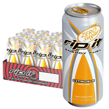 Rip-It Energy Drink | Power | Sharp Citrus Flavor | 12-Pack (16oz Cans) | 160mg Caffeine | Smooth Finish | Ignite Focus | Hardcore Energy That Rips!