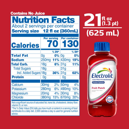 Electrolit, Electrolyte Beverage, Fruit Punch, 21 Fl Oz bottle (Pack of 12)