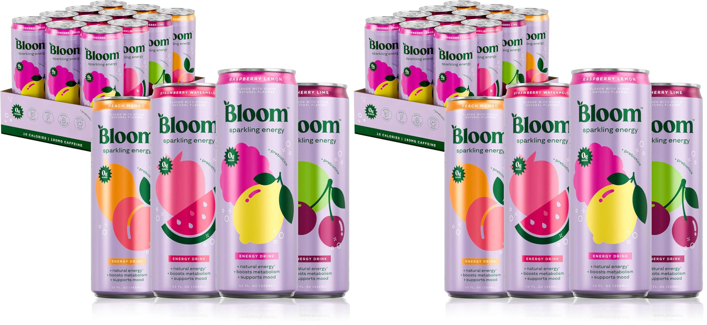 Bloom Nutrition Sparkling Energy Drink - Apple Crisp / Glacier Crush Variety Pack - Natural Caffeine, Zero Sugar, 180mg Caffeine - Antioxidant-Rich with Green Coffee Bean, Green Tea Extract, Prebiotics - 12oz 12 Pack