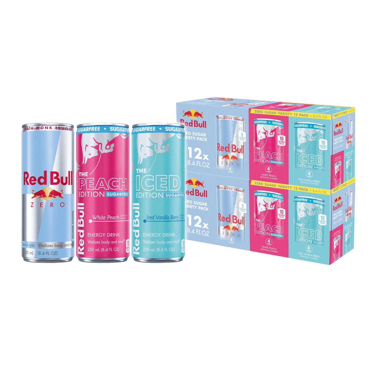 Red Bull Energy Drink SugarFree Variety Pack, Zero, Peach, Iced Vanilla Berry, 8.4 fl. oz, Pack of 12 Can