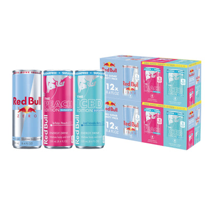 Red Bull Energy Drink SugarFree Variety Pack, Zero, Peach, Iced Vanilla Berry, 8.4 fl. oz, Pack of 12 Can
