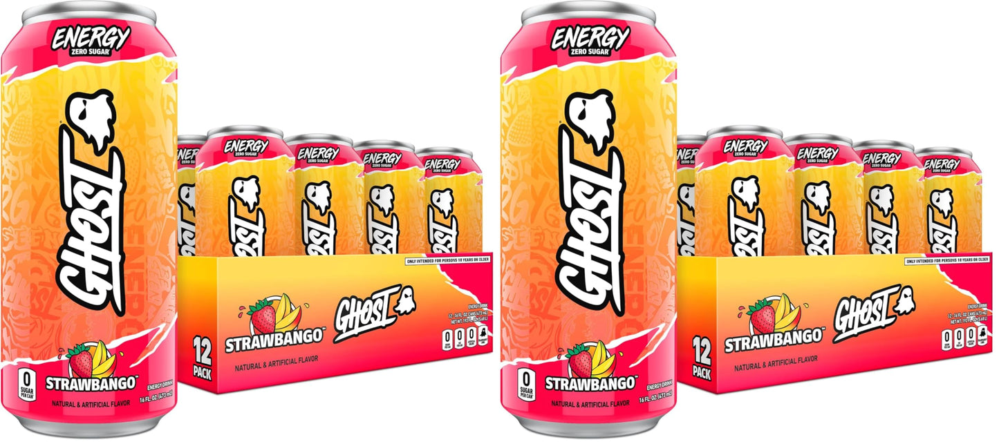 GHOST Energy Drink - 12-Pack, Strawbango, 16oz - Energy & Focus & No Artificial Colors - 200mg of Natural Caffeine, L-Carnitine & Taurine - Gluten-Free & Vegan