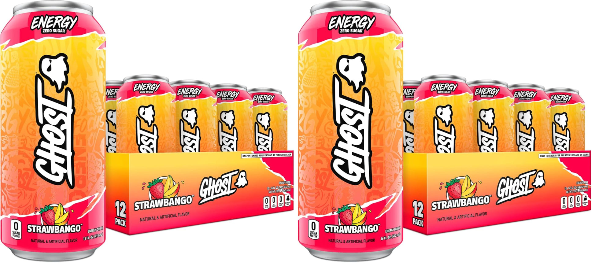 GHOST Energy Drink - 12-Pack, Strawbango, 16oz - Energy & Focus & No Artificial Colors - 200mg of Natural Caffeine, L-Carnitine & Taurine - Gluten-Free & Vegan