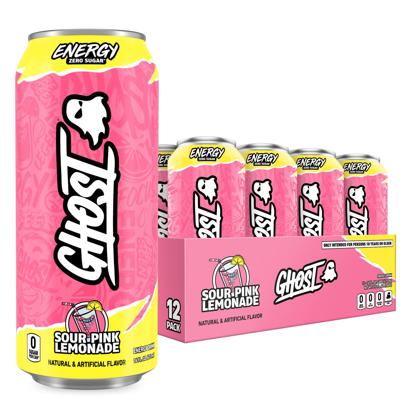 GHOST Energy Drink - 12-Pack, Strawbango, 16oz - Energy & Focus & No Artificial Colors - 200mg of Natural Caffeine, L-Carnitine & Taurine - Gluten-Free & Vegan