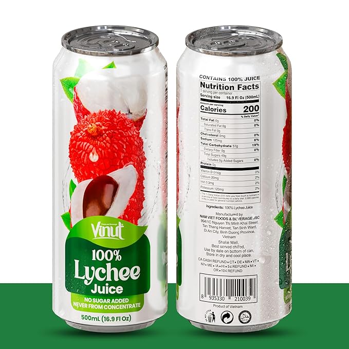 VINUT 100% Lychee Juice, No Added Sugar, Not From Concentrate, 16.9 fl oz (500 mL) Can, Pack of 12