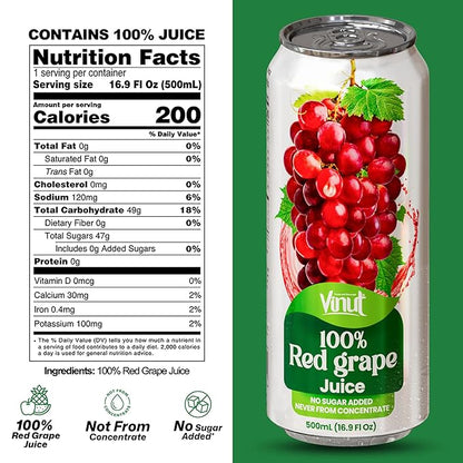 VINUT 100% Red Grape Juice, No Added Sugar, Not From Concentrate, 16.9 fl oz (500 mL) Can, Pack of 12