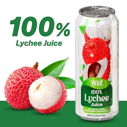 VINUT 100% Lychee Juice, No Added Sugar, Not From Concentrate, 16.9 fl oz (500 mL) Can, Pack of 12