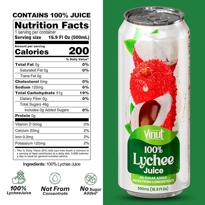 VINUT 100% Lychee Juice, No Added Sugar, Not From Concentrate, 16.9 fl oz (500 mL) Can, Pack of 12