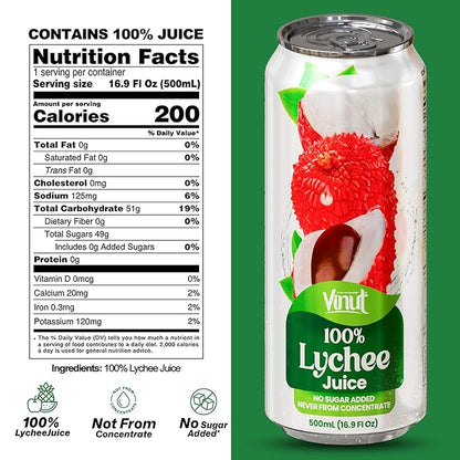 VINUT 100% Lychee Juice, No Added Sugar, Not From Concentrate, 16.9 fl oz (500 mL) Can, Pack of 12