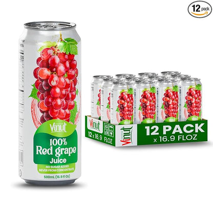 VINUT 100% Red Grape Juice, No Added Sugar, Not From Concentrate, 16.9 fl oz (500 mL) Can, Pack of 12