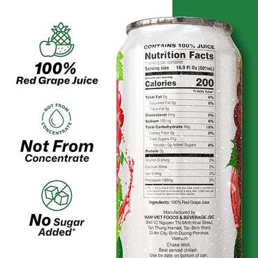 VINUT 100% Red Grape Juice, No Added Sugar, Not From Concentrate, 16.9 fl oz (500 mL) Can, Pack of 12