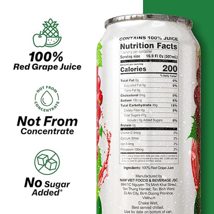 VINUT 100% Red Grape Juice, No Added Sugar, Not From Concentrate, 16.9 fl oz (500 mL) Can, Pack of 12